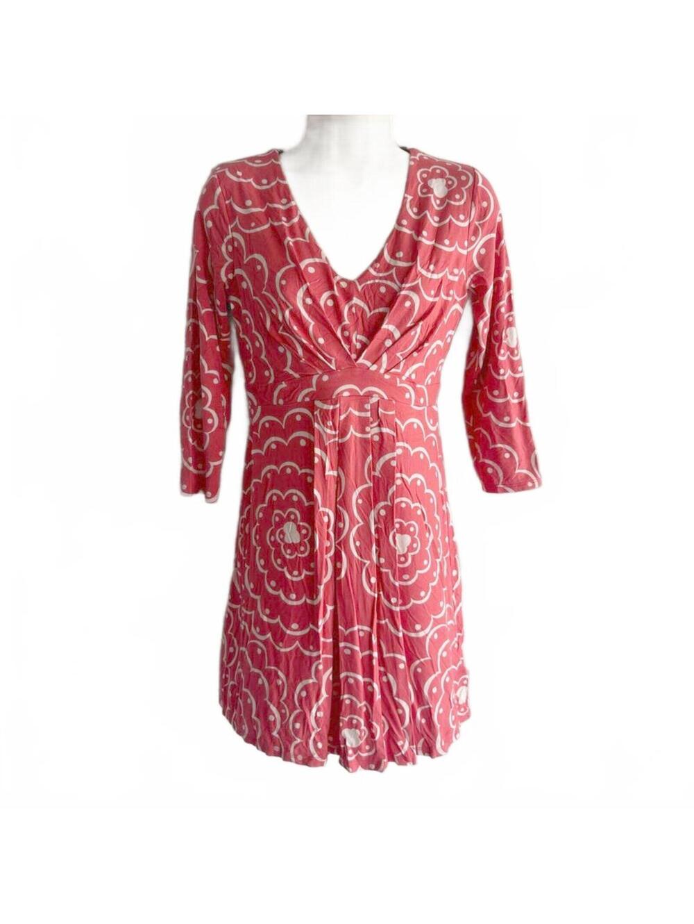 Boden Coral and Cream Geometric Floral 3/4 Sleeve Dress | Size 6 Regular